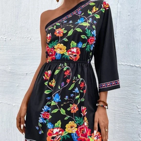 Shabby Chic  Floral One Shoulder Mini Dress Black - Picture 4 of 6